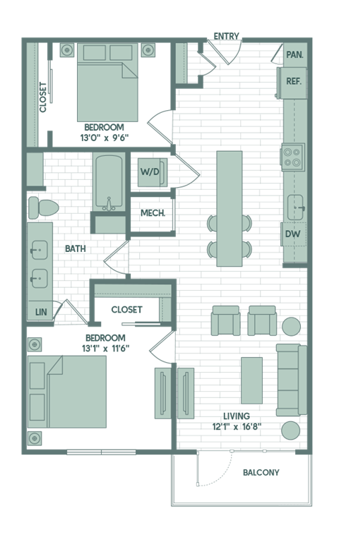 Floor plan for 2 beds, 1 bath, 887 sqft