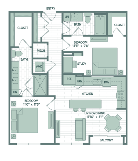 Floor plan for 2 beds, 2 baths, 1040 sqft