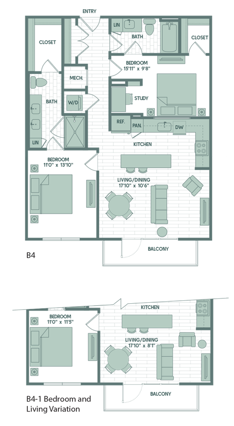 Floor plan for 2 beds, 2 baths, 948 sqft
