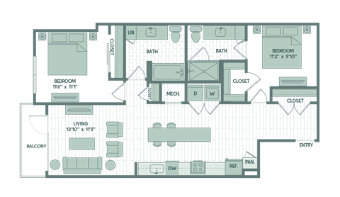Floor plan for 2 beds, 2 baths, 1057 sqft