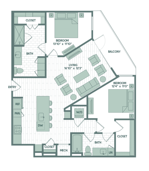 Floor plan for 2 beds, 2 baths, 1132 sqft