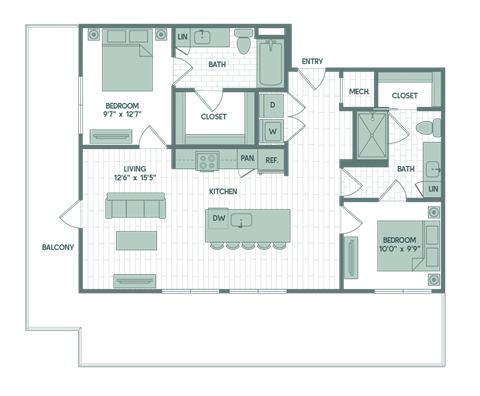 Floor plan for 2 beds, 2 baths, 1159 sqft