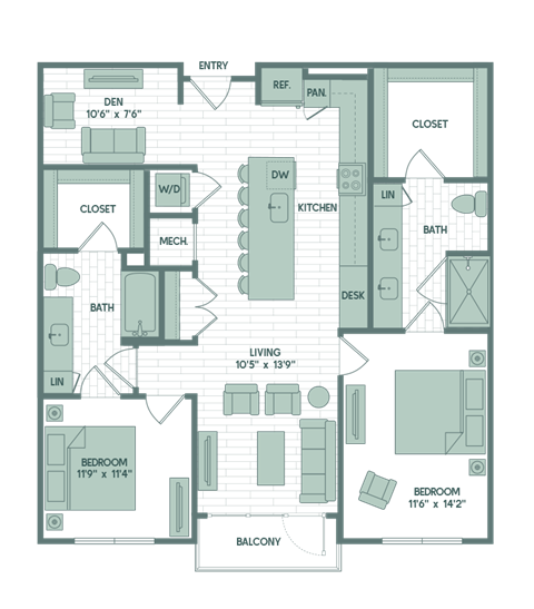 Floor plan for 2 beds, 2 baths, 1198 sqft