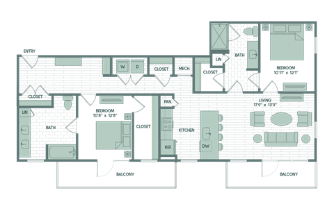 Floor plan for 2 beds, 2 baths, 1245 sqft