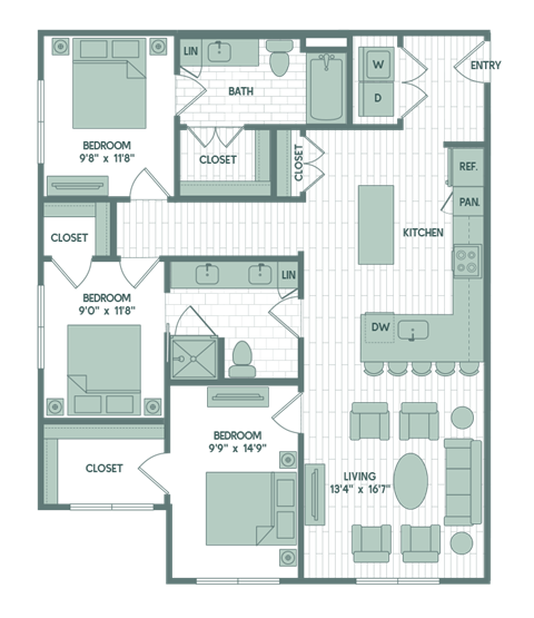 Floor plan for 3 beds, 2 baths, 1226 sqft