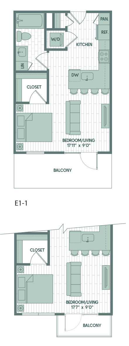 Floor plan for studio, 1 bath, 489 sqft