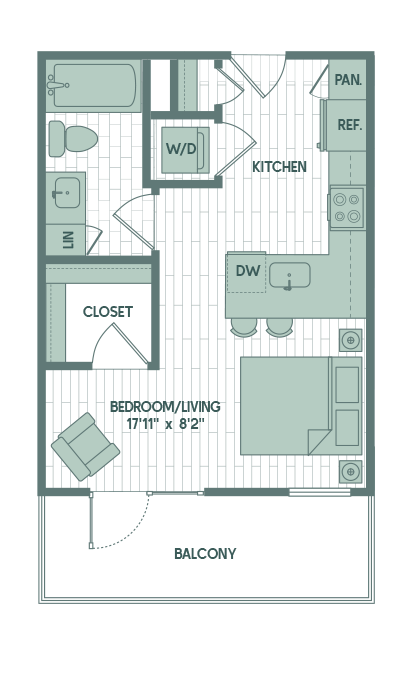 Floor plan for studio, 1 bath, 507 sqft
