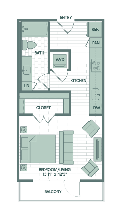 Floor plan for studio, 1 bath, 480 sqft