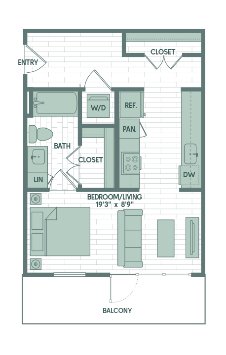 Floor plan for studio, 1 bath, 522 sqft