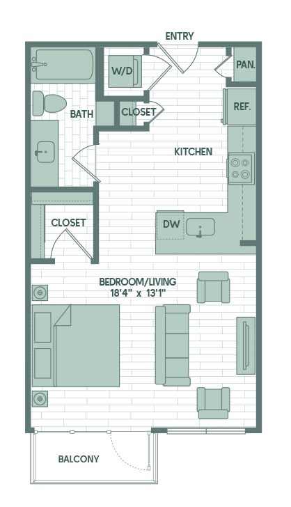 Floor plan for studio, 1 bath, 553 sqft