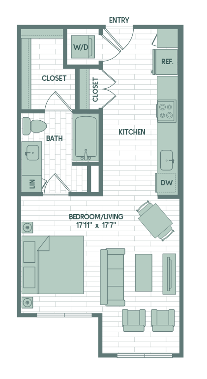 Floor plan for studio, 1 bath, 609 sqft