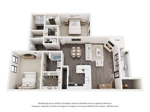 Floor plan for 2 beds, 2 baths, 1133 sqft