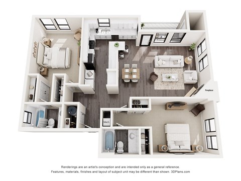 Floor plan for 2 beds, 2 baths, 1194 sqft