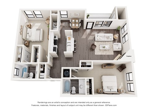Floor plan for 2 beds, 2 baths, 1194 sqft