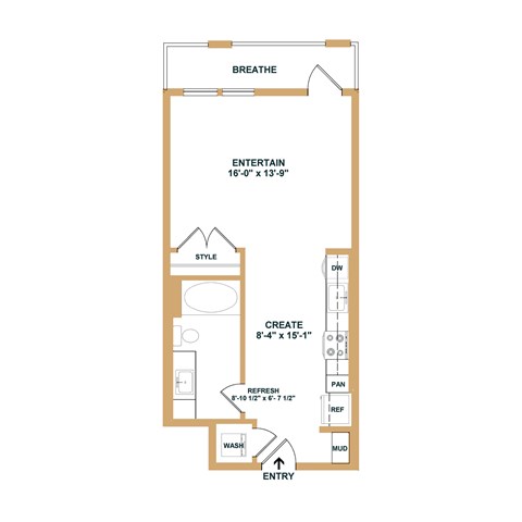 Floor plan for studio, 1 bath, 510 sqft