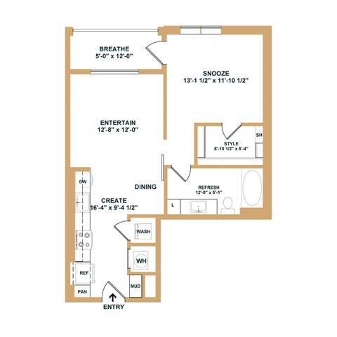 Floor plan for studio, 1 bath, 607 sqft
