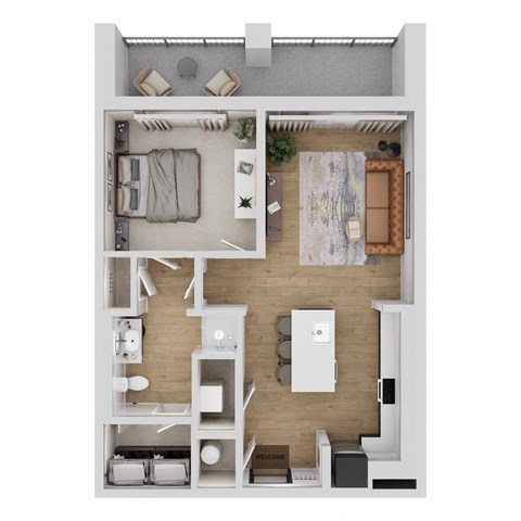 Floor plan for 1 bed, 1 bath, 664 sqft