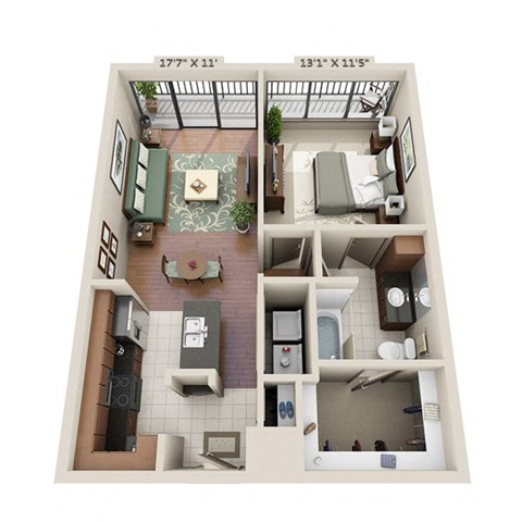 Floor plan for 1 bed, 1 bath, 741 sqft