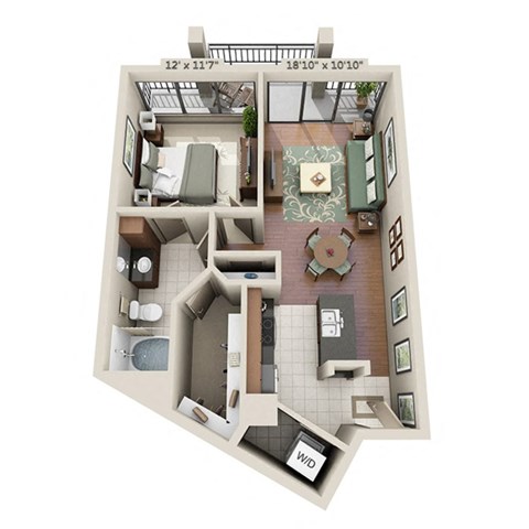 Floor plan for 1 bed, 1 bath, 749 sqft