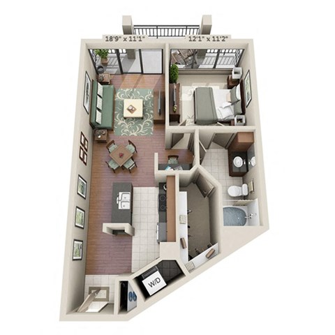 Floor plan for 1 bed, 1.5 baths, 779 sqft