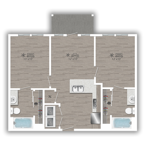 Floor plan for 2 beds, 2 baths, 773 sqft
