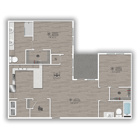 Floor plan for 2 beds, 2 baths, 1294 sqft
