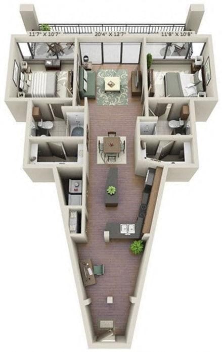 Floor plan for 2 beds, 2 baths, 1110 sqft