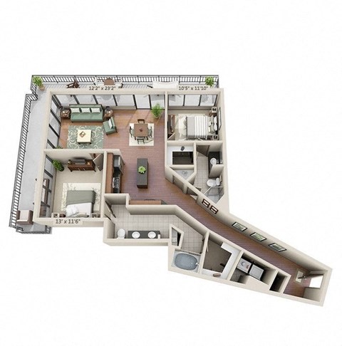 Floor plan for 2 beds, 2 baths, 1557 sqft