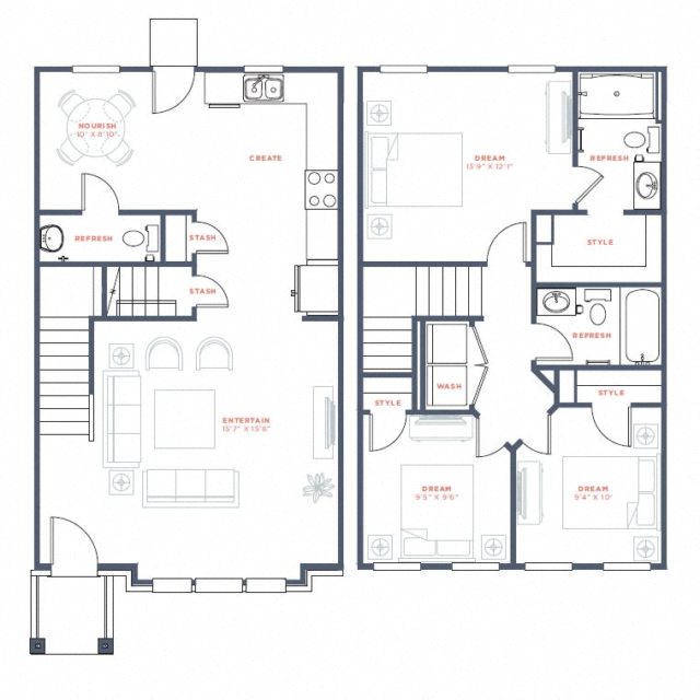Floor plan for 3 beds, 2.5 baths, 1286 sqft