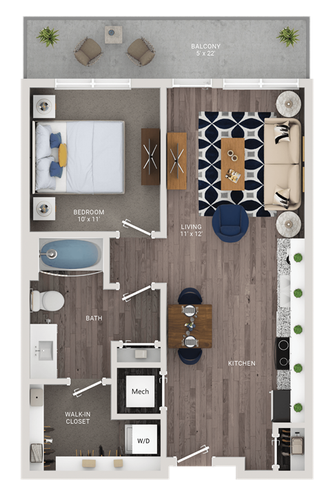 Floor plan for 1 bed, 1 bath, 655 sqft