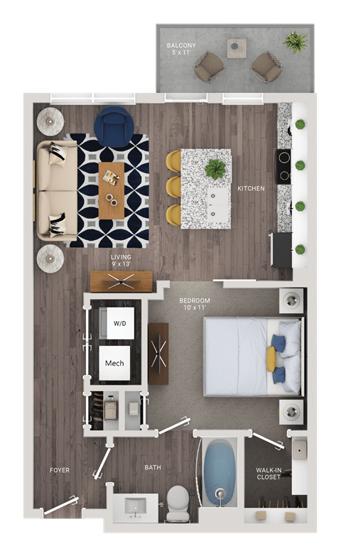 Floor plan for 1 bed, 1 bath, 595 sqft
