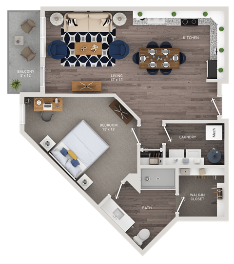 Floor plan for 1 bed, 1 bath, 827 sqft