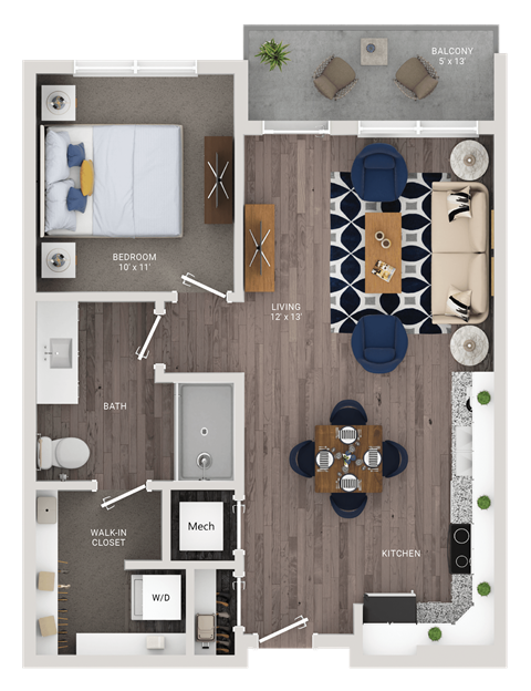 Floor plan for 1 bed, 1 bath, 681 sqft