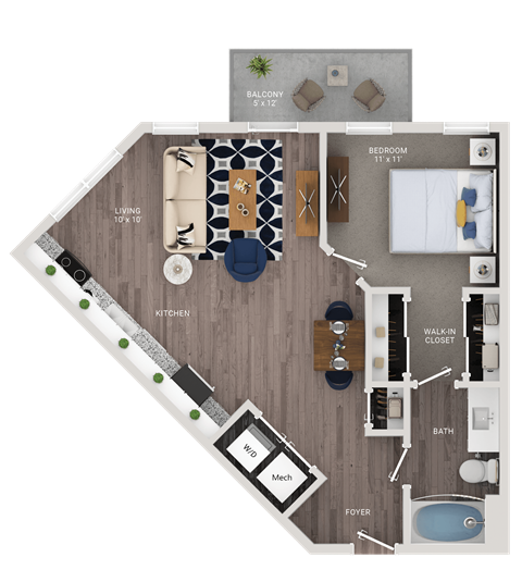 Floor plan for 1 bed, 1 bath, 685 sqft
