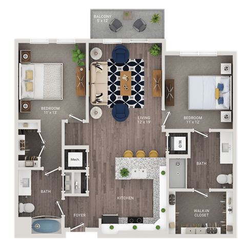 Floor plan for 2 beds, 2 baths, 1124 sqft