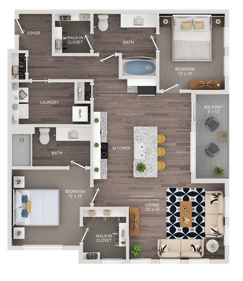 Floor plan for 2 beds, 2 baths, 1168 sqft