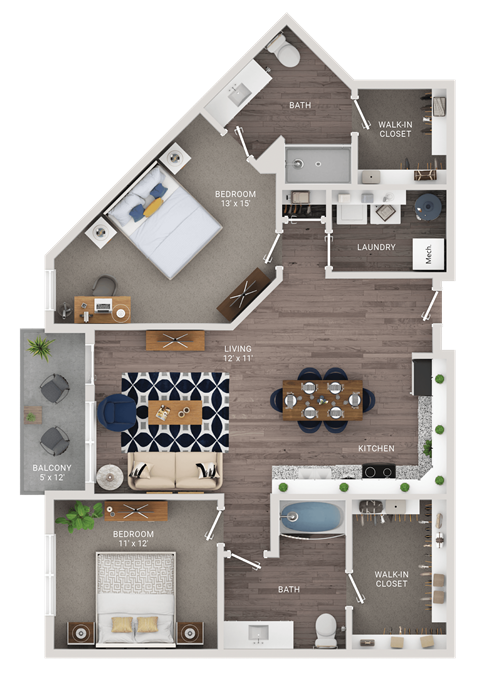Floor plan for 2 beds, 2 baths, 1169 sqft