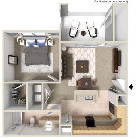 Floor plan for 1 bed, 1 bath, 640 sqft