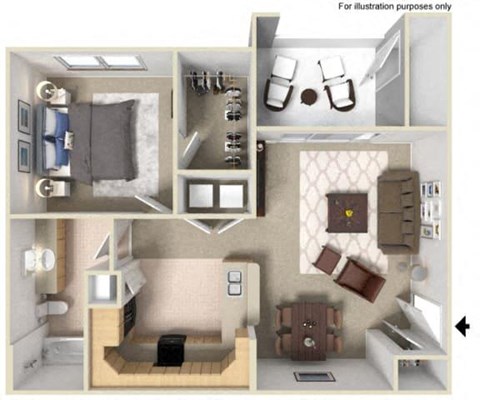 Floor plan for 1 bed, 1 bath, 695 sqft