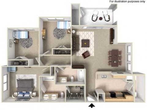Floor plan for 3 beds, 2 baths, 1291 sqft