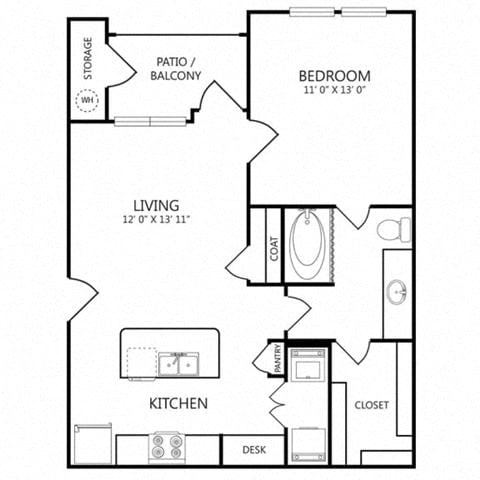 Floor plan for 1 bed, 1 bath, 660 sqft