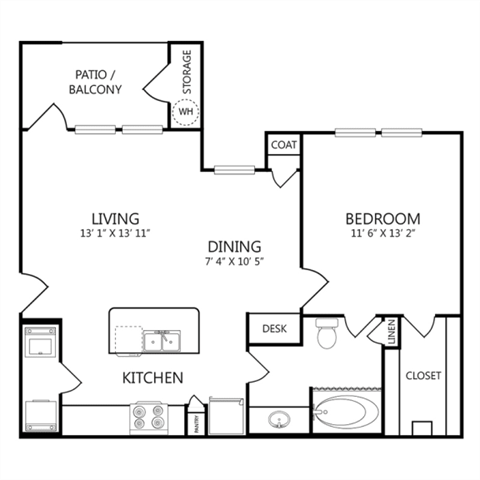 Floor plan for 1 bed, 1 bath, 735 sqft