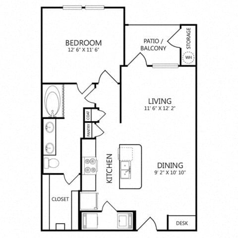 Floor plan for 1 bed, 1 bath, 744 sqft