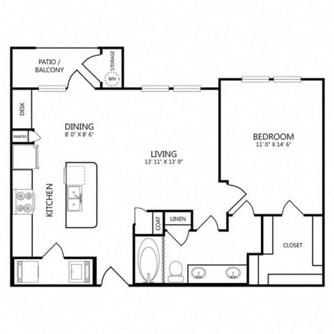 Floor plan for 1 bed, 1 bath, 752 sqft