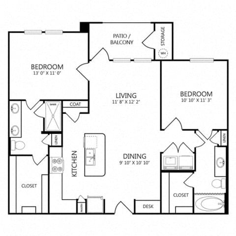 Floor plan for 2 beds, 2 baths, 1007 sqft