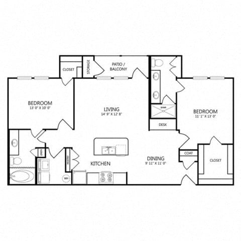 Floor plan for 2 beds, 2 baths, 1037 sqft