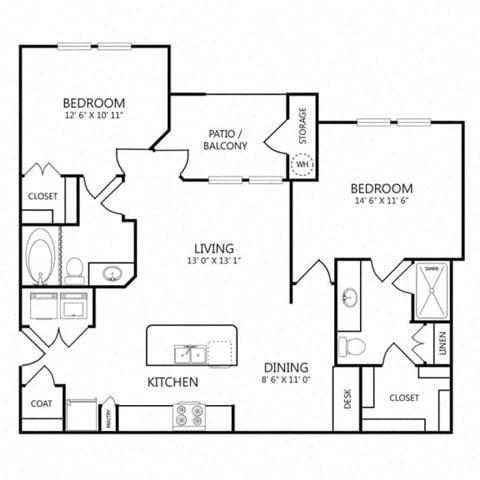 Floor plan for 2 beds, 2 baths, 1040 sqft