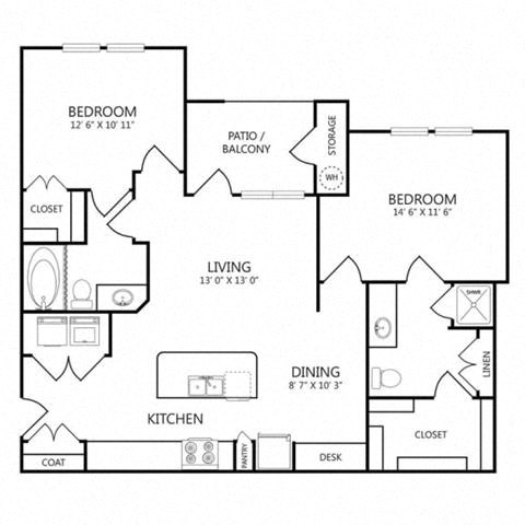 Floor plan for 2 beds, 2 baths, 1042 sqft
