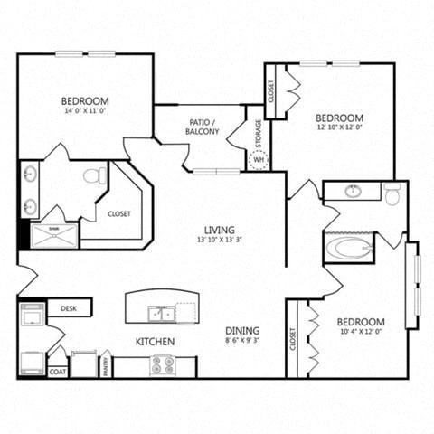 Floor plan for 3 beds, 2 baths, 1273 sqft