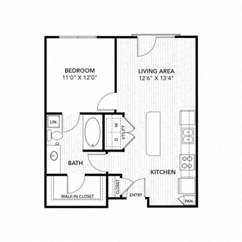 Floor plan for 1 bed, 1 bath, 667 sqft